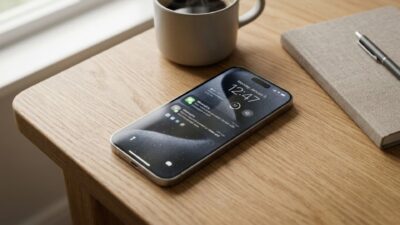 Modern iPhone resting on a wooden desk beside a hot coffee mug and notebook