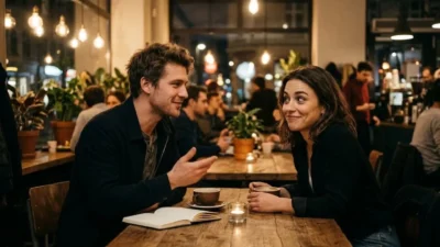 Man talking and smiling with a woman across a wooden cafe table with warm coffee cups and a candle