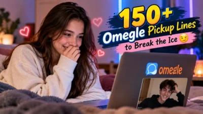 : Omegle pickup lines thumbnail featuring a smiling woman chatting with a man on a laptop in a cozy room.