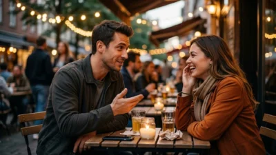 Man talking to a laughing woman at an outdoor cafe table lit by string lights