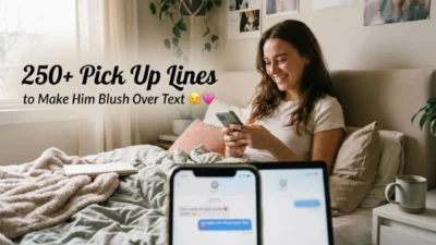 Smiling woman sitting on bed texting flirty pick up lines on phone