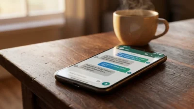 Smartphone on a rustic wooden table displaying a messaging conversation beside a steaming coffee mug.