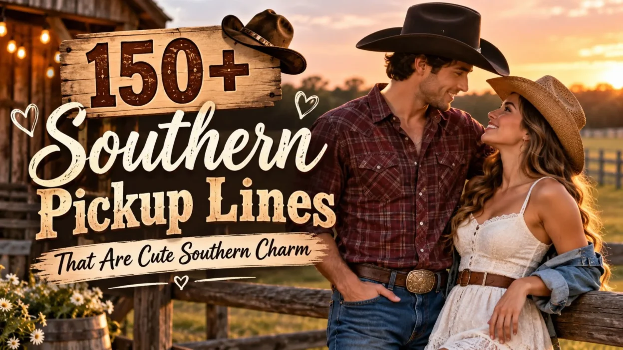 Southern pickup lines blog image featuring a romantic cowboy and cowgirl at sunset on a rustic ranch.