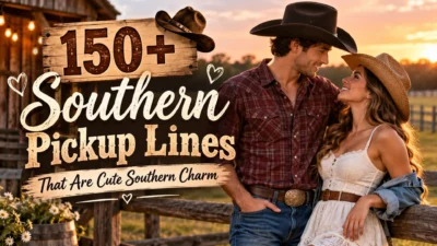 Southern pickup lines blog image featuring a romantic cowboy and cowgirl at sunset on a rustic ranch.