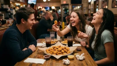 Three young friends laughing together at a wooden diner booth table filled with crispy chicken nuggets and dips.