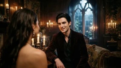 Charming vampire in velvet suit smiling flirtatiously across a candlelit Victorian room