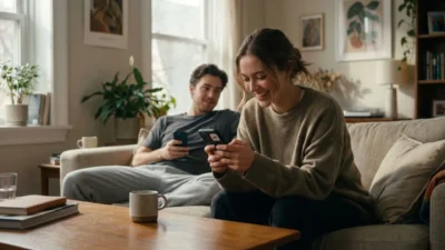 Woman smiling at her phone while sitting on a cozy couch with a man resting in the background