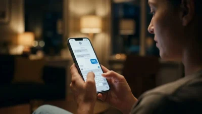 Woman typing IMK abbreviation in a blue message bubble on a modern smartphone at night
