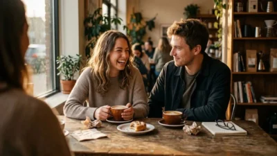Young couple laughing and enjoying hot coffee together by a bright cafe window