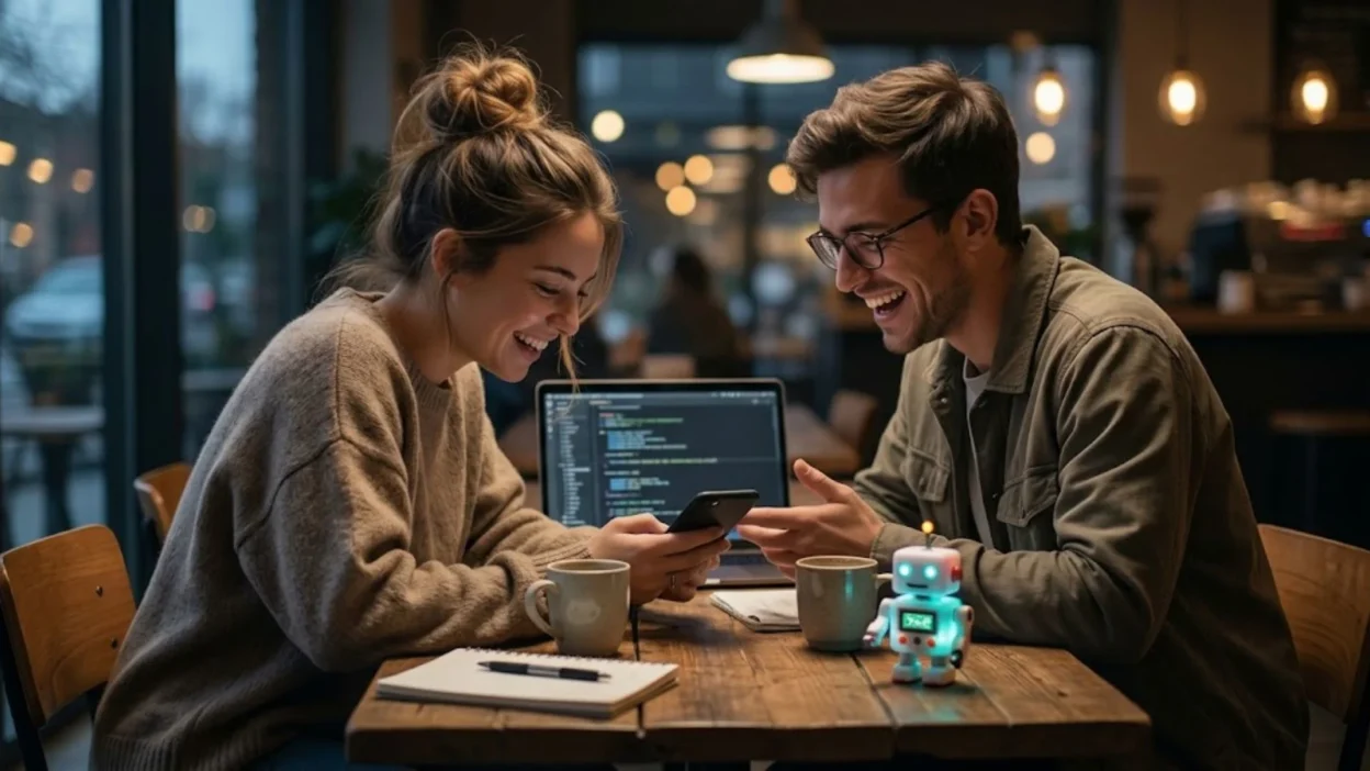 Smiling young couple sitting at a cafe table laughing together while looking at a smartphone next to coffee cups and a laptop