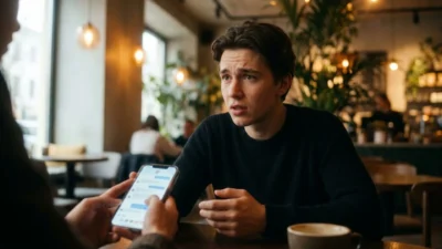 A young man seated in a cafe looking puzzled while reading a message on a smartphone.