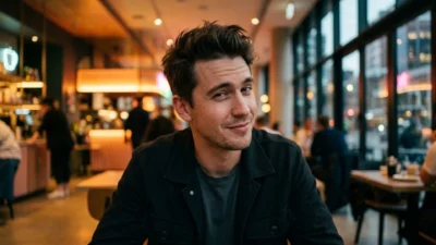 Man in black jacket with a confident smirk sitting at a table inside a warm cafe